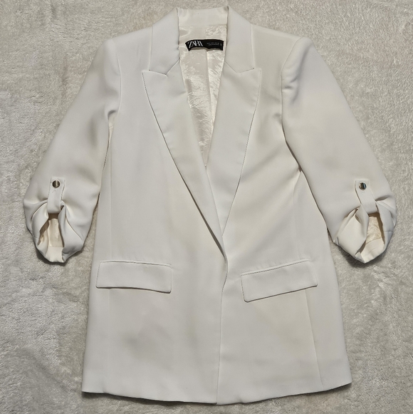 Zara White Blazer Size S Rolled Up Sleeves Business Casual Minimalist Office - Picture 3 of 12